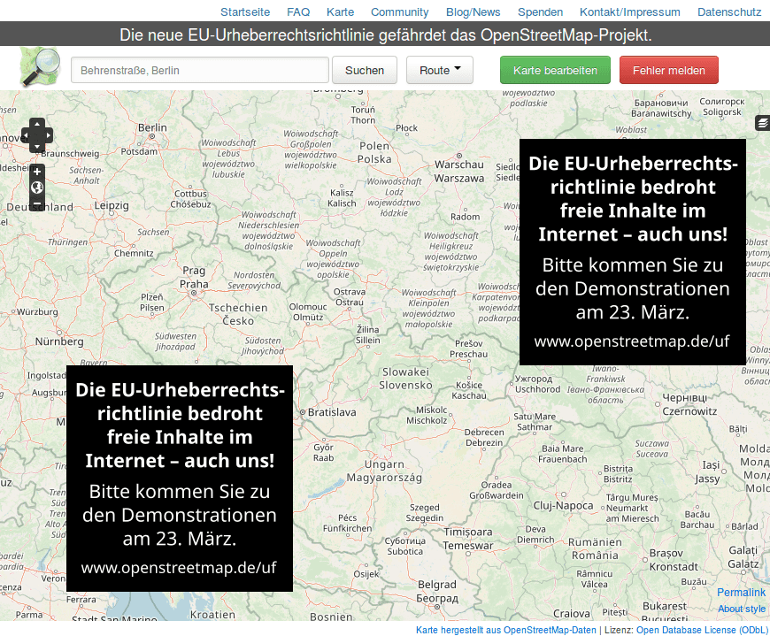 Screenshot der Kartenseite von www.openstreetmap.de am 21. März